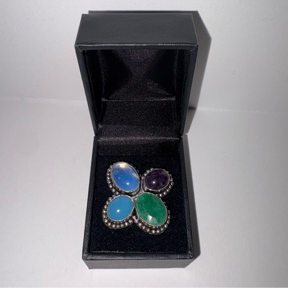 925 Sterling Silver Amethyst Jade Blue Moonstone Artisan Cluster Ring Set Size 7